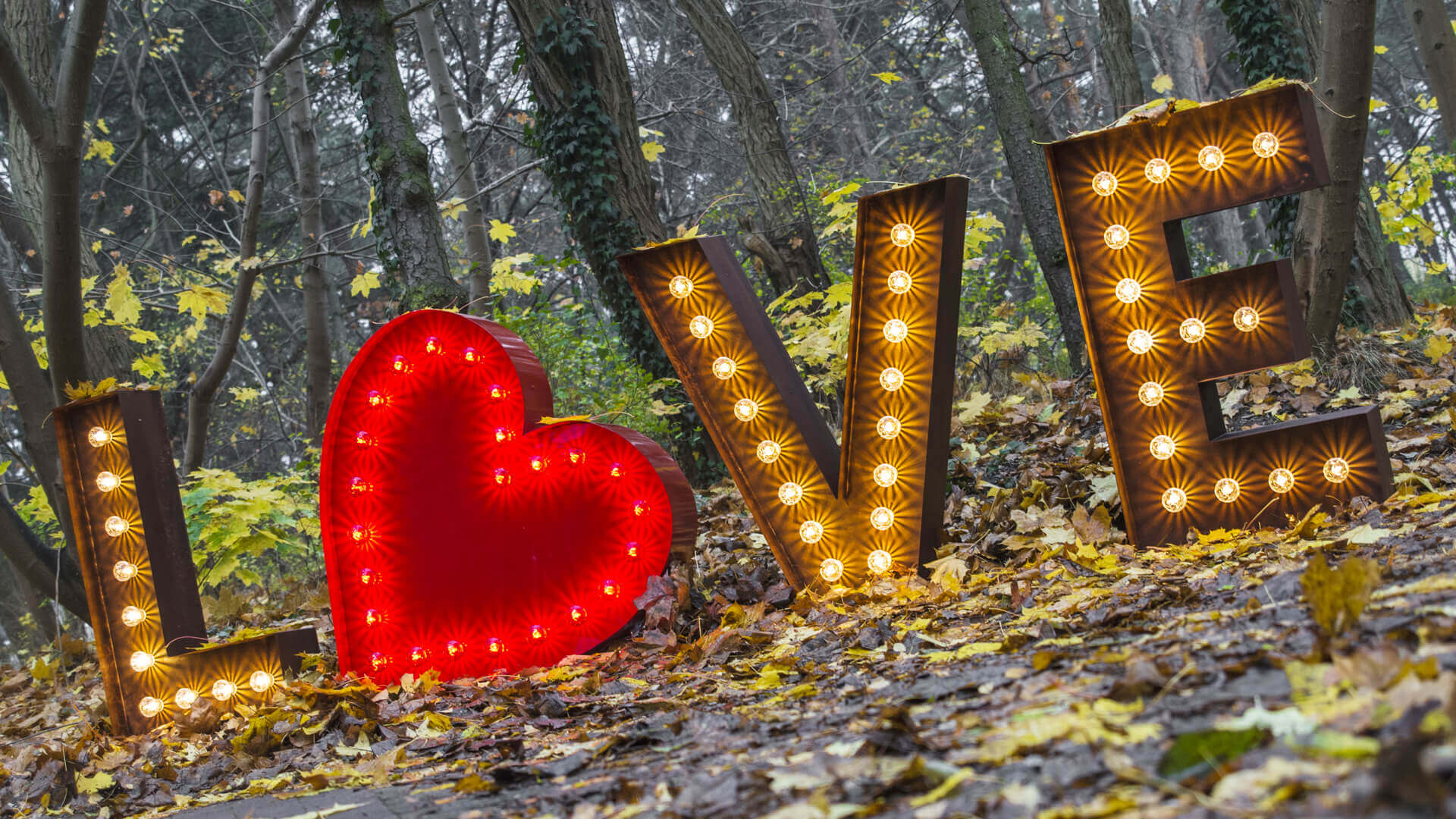 LOVE inscriptie samengesteld uit lichtgevende letters